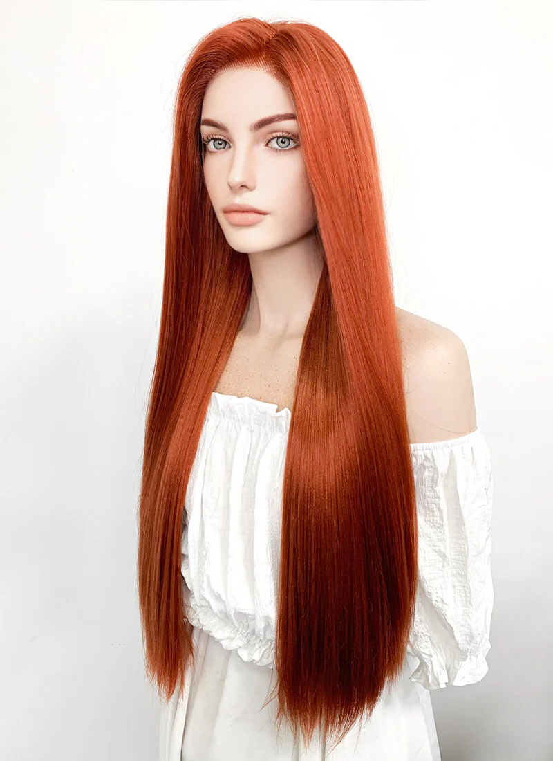 Disney Kim Possible Long Straight Yaki Reddish Orange Lace Front Synthetic Hair Wig LF624 - Image 8