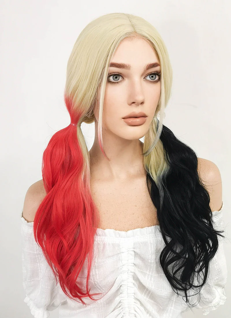 Blonde Harley Quinn Red Black Ponytail Lace Front Synthetic Hair Wig LF1576A - Image 5