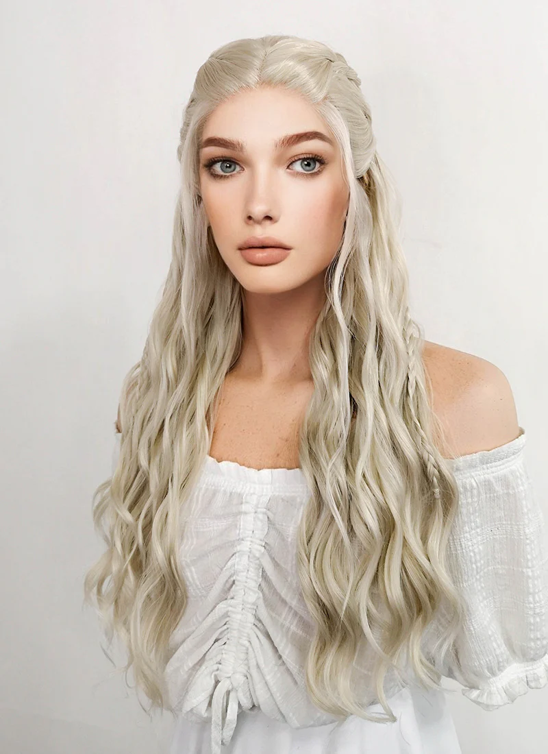 Game of Thrones Daenerys Targaryen Long Curly Light Ash Blonde Braided Lace Front Synthetic Wig LF2017 - Image 3