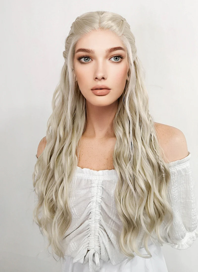 Game of Thrones Daenerys Targaryen Long Curly Light Ash Blonde Braided Lace Front Synthetic Wig LF2017 - Image 4