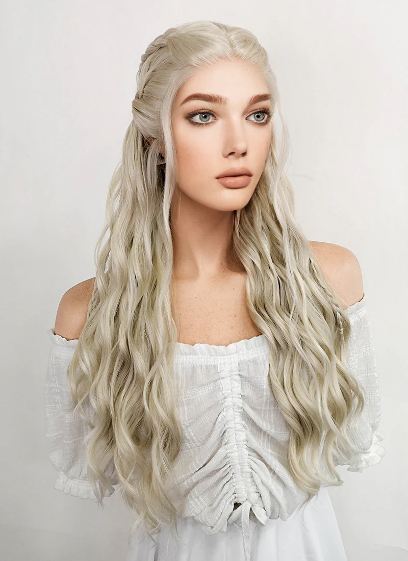 Game of Thrones Daenerys Targaryen Long Curly Light Ash Blonde Braided Lace Front Synthetic Wig LF2017 - Image 5