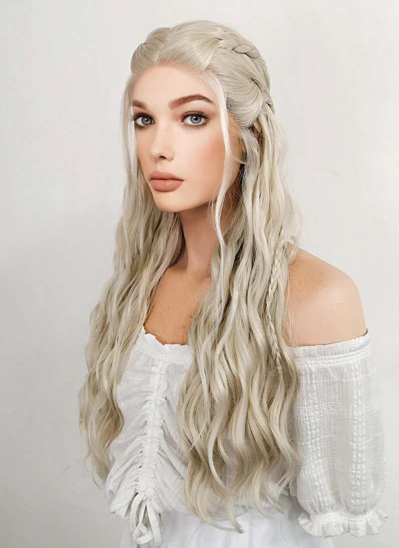 Game of Thrones Daenerys Targaryen Long Curly Light Ash Blonde Braided Lace Front Synthetic Wig LF2017 - Image 6