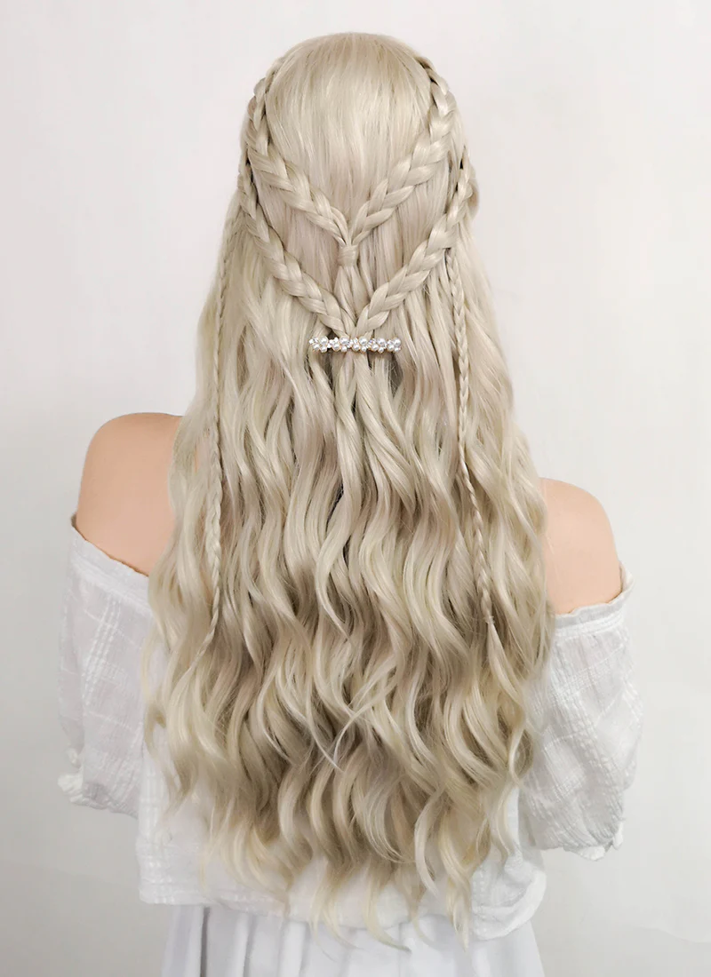 Game of Thrones Daenerys Targaryen Long Curly Light Ash Blonde Braided Lace Front Synthetic Wig LF2017 - Image 8