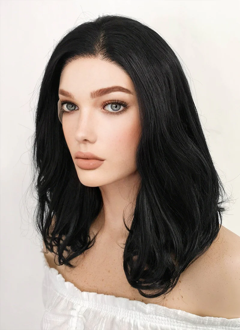 Medium Wavy Jet Black Lace Front Synthetic Hair Wig LF257 - Image 4