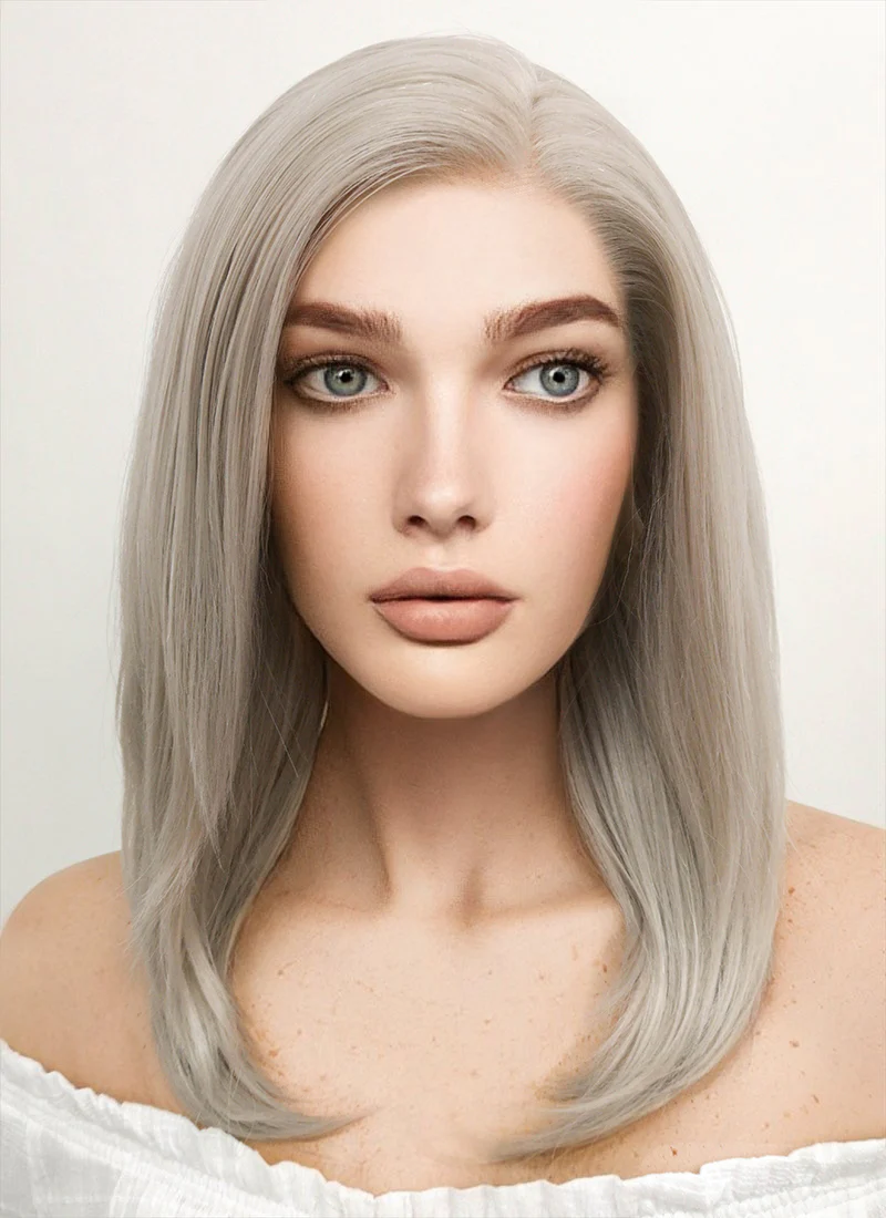 Medium Straight Bob Pastel Grey Blonde Lace Front Synthetic Hair Wig LF509 - Image 3