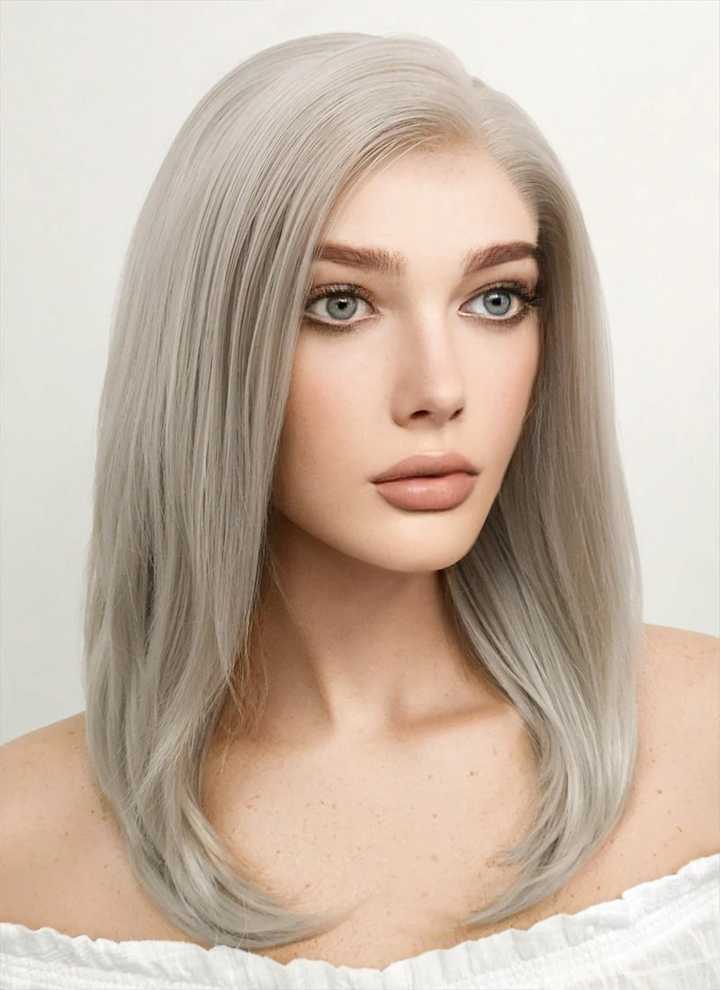 Medium Straight Bob Pastel Grey Blonde Lace Front Synthetic Hair Wig LF509 - Image 4