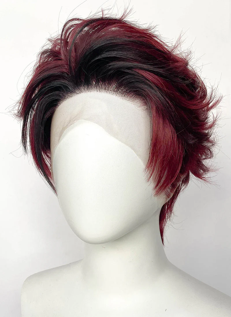 Demon Slayer: Kimetsu no Yaiba Tanjiro Kamado Black With Red Wavy Lace Front Synthetic Men's Wig LF6162 - Image 5