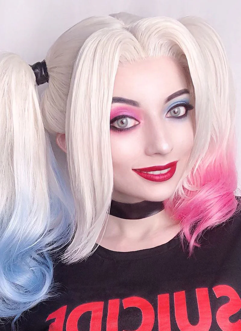 Suicide Squad Harley Quinn Medium Blonde Pink Blue Lace Front Synthetic Hair Wig LF853E - Image 3