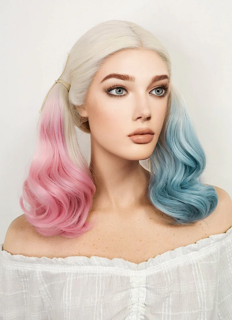 Suicide Squad Harley Quinn Medium Blonde Pink Blue Lace Front Synthetic Hair Wig LF853E - Image 4