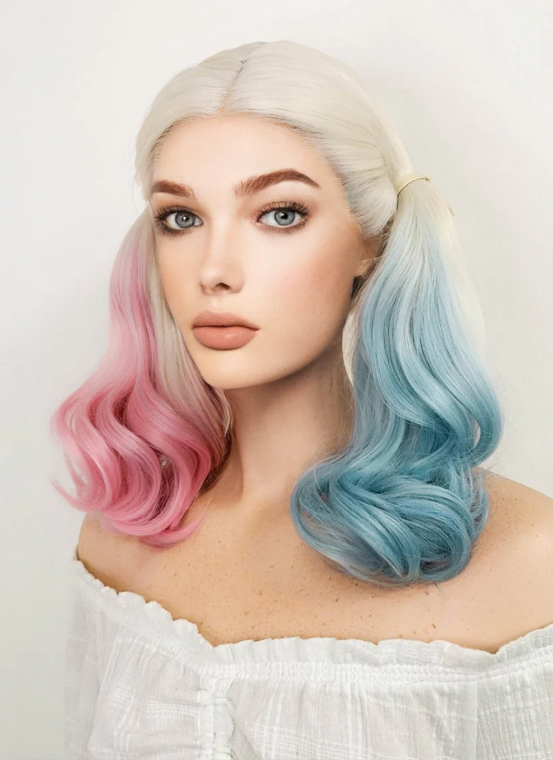 Suicide Squad Harley Quinn Medium Blonde Pink Blue Lace Front Synthetic Hair Wig LF853E - Image 5