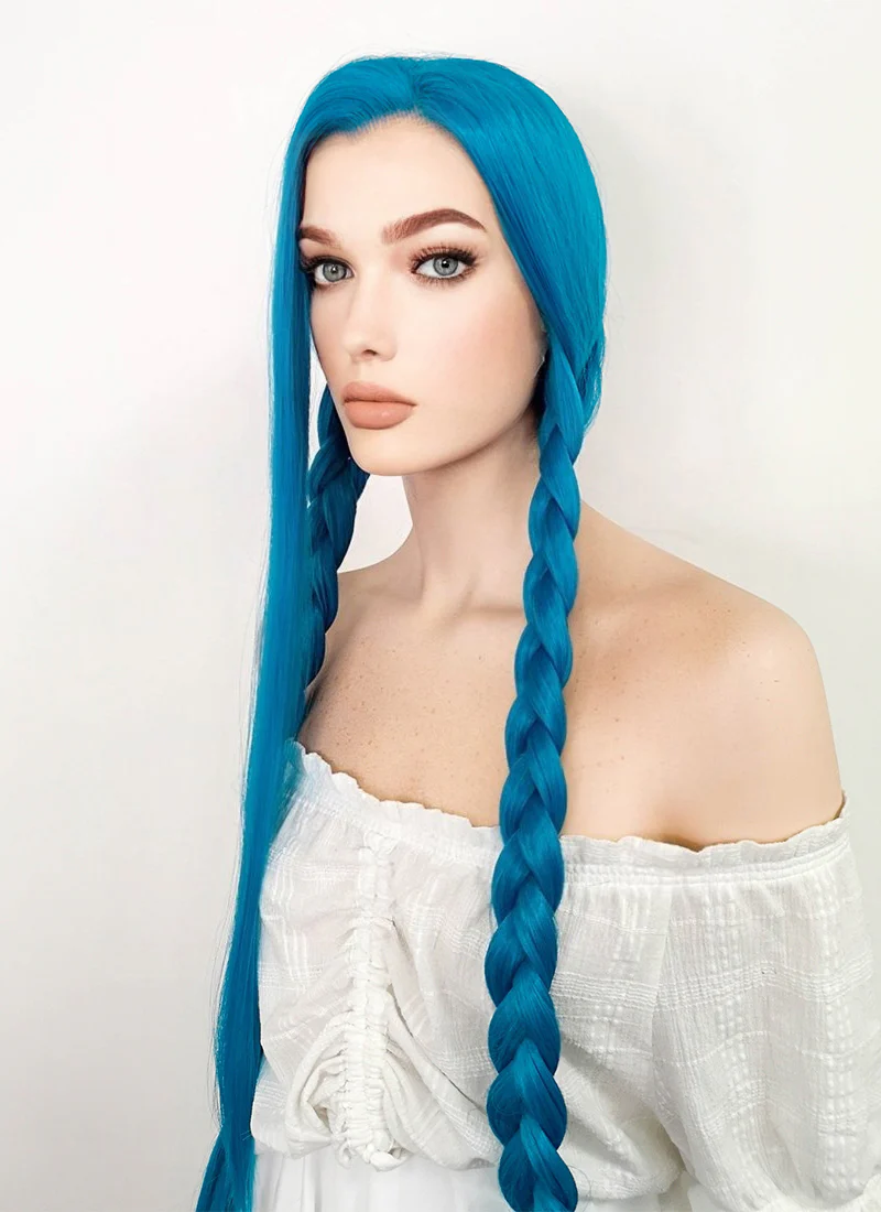 League of Legends LOL Arcane Jinx Long Straight Turquoise Blue Lace Front Synthetic Wig LN6020 - Image 10