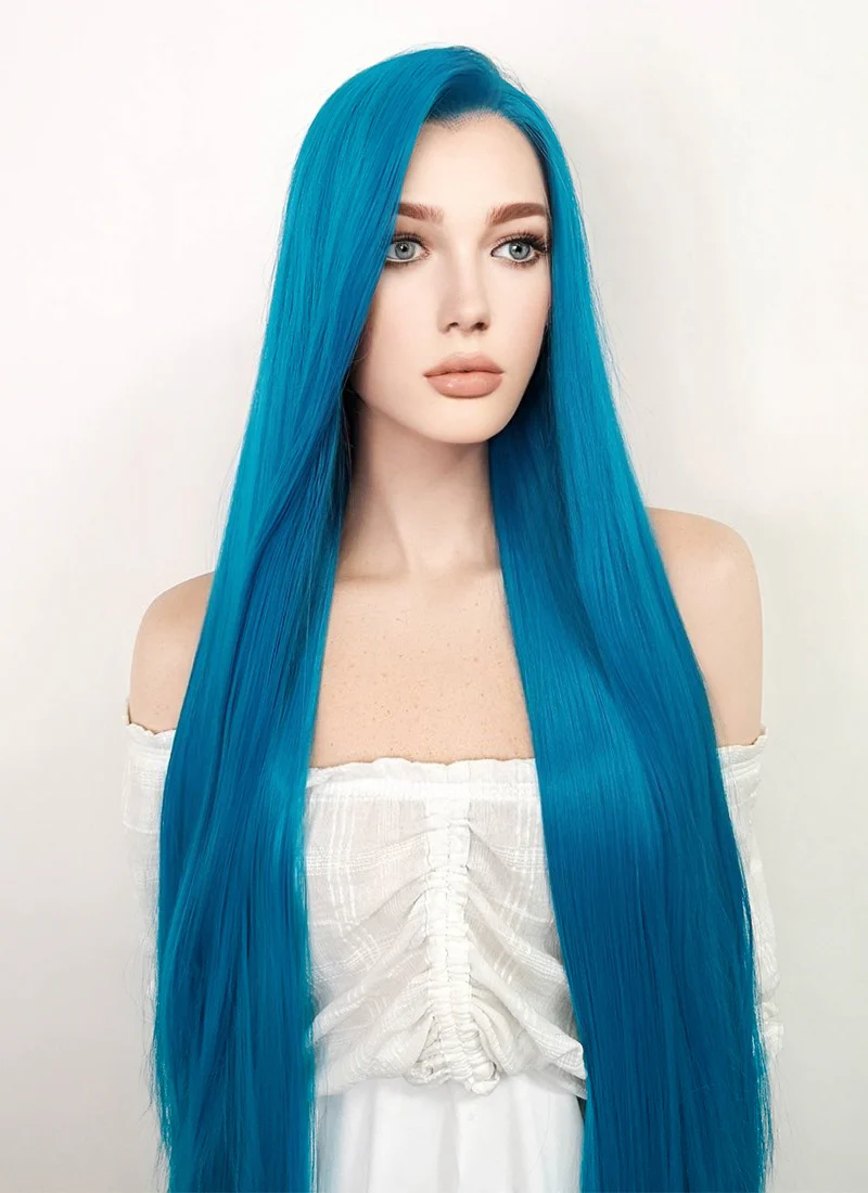 League of Legends LOL Arcane Jinx Long Straight Turquoise Blue Lace Front Synthetic Wig LN6020 - Image 4
