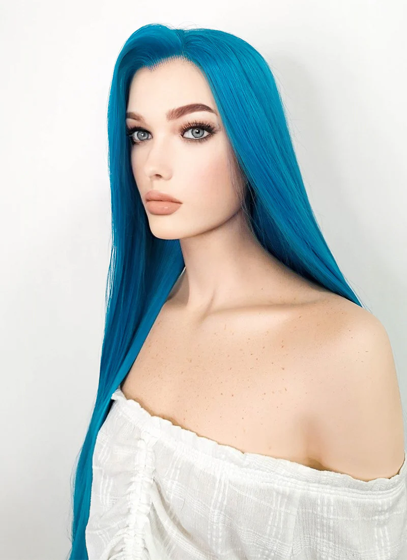 League of Legends LOL Arcane Jinx Long Straight Turquoise Blue Lace Front Synthetic Wig LN6020 - Image 5