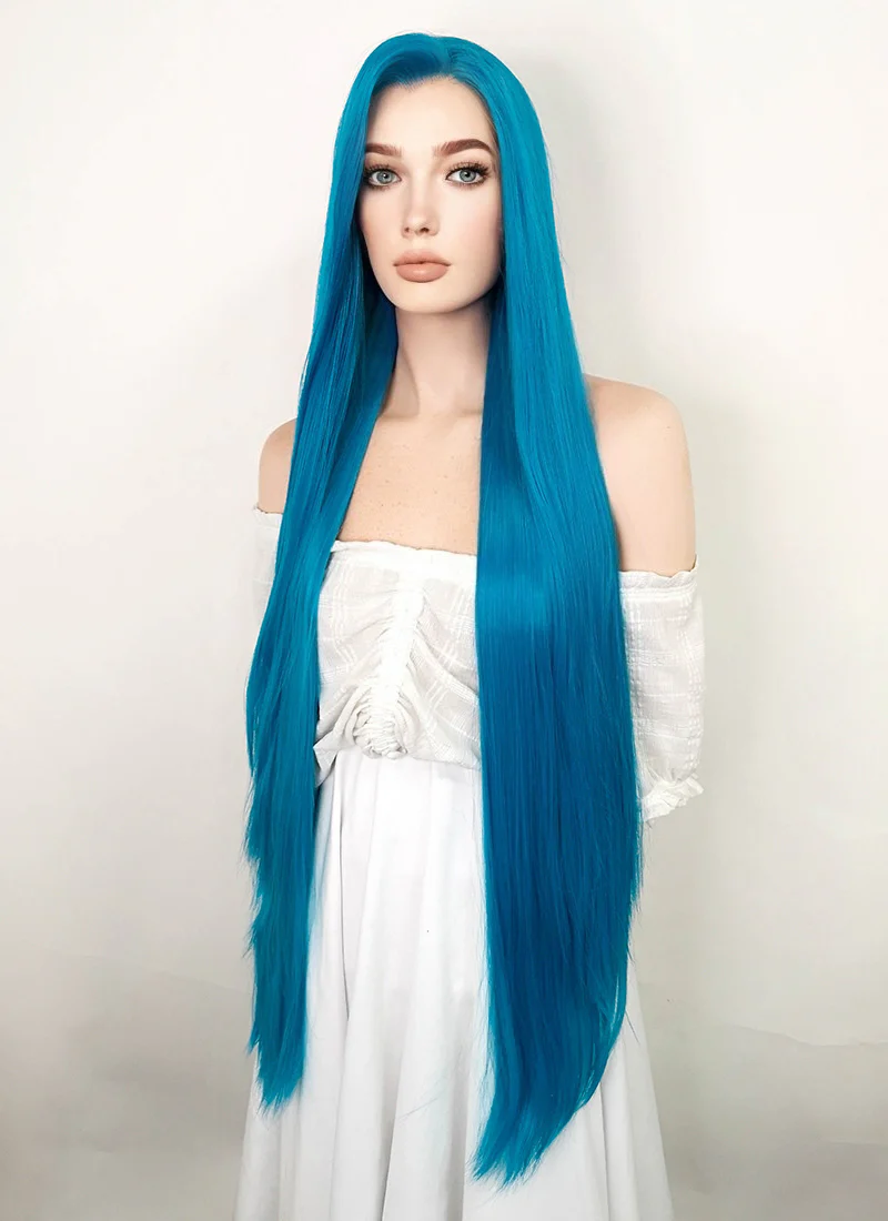 League of Legends LOL Arcane Jinx Long Straight Turquoise Blue Lace Front Synthetic Wig LN6020 - Image 6