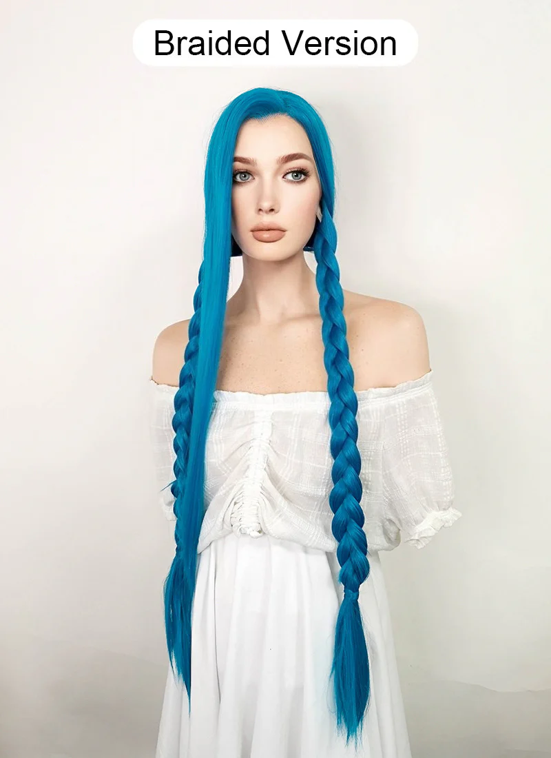 League of Legends LOL Arcane Jinx Long Straight Turquoise Blue Lace Front Synthetic Wig LN6020 - Image 7