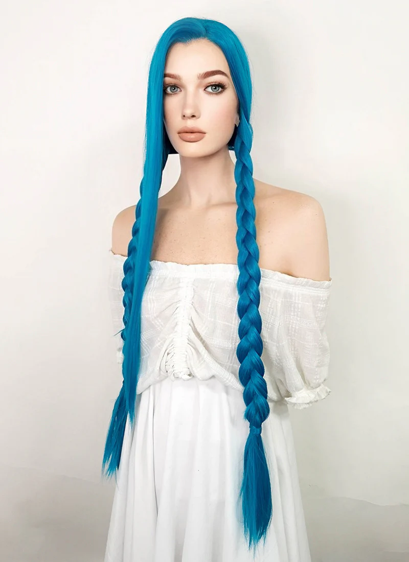 League of Legends LOL Arcane Jinx Long Straight Turquoise Blue Lace Front Synthetic Wig LN6020 - Image 8