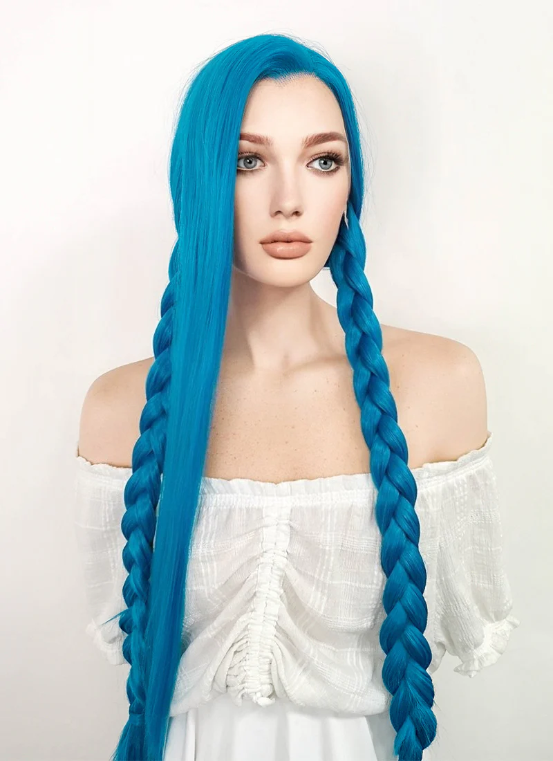 League of Legends LOL Arcane Jinx Long Straight Turquoise Blue Lace Front Synthetic Wig LN6020 - Image 9