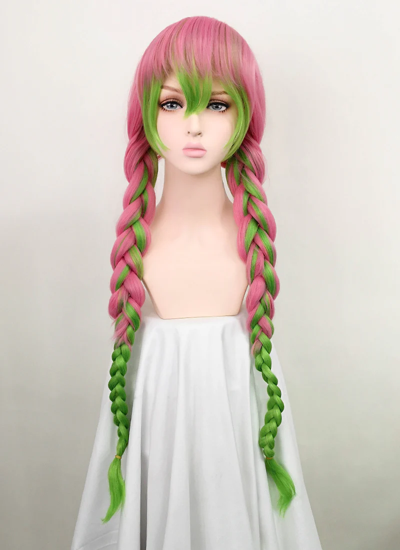 Demon Slayer Kanroji Mitsuri Long Pink Mixed Green Cosplay Wig TB1628 - Image 4